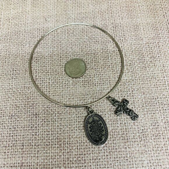 Silver Plus Size Cross and Medallion Bangle Bracelet - Picture 1 of 2